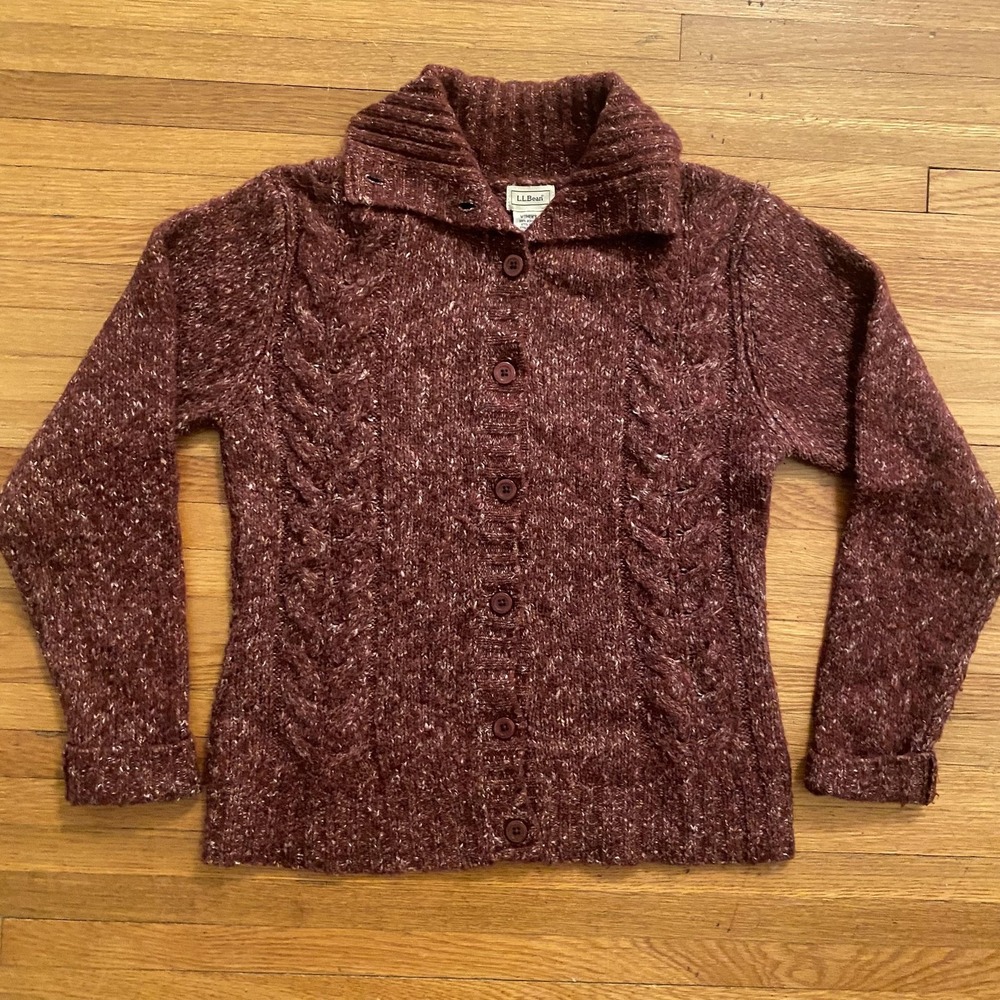 L.L.Bean Sweater Womens Small Burgundy Shawl Collar Cable Knit Cardigan